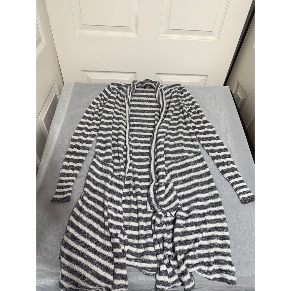 Free‎ People Striped Longline Open Front Cardigan Duster Navy White Womens Small